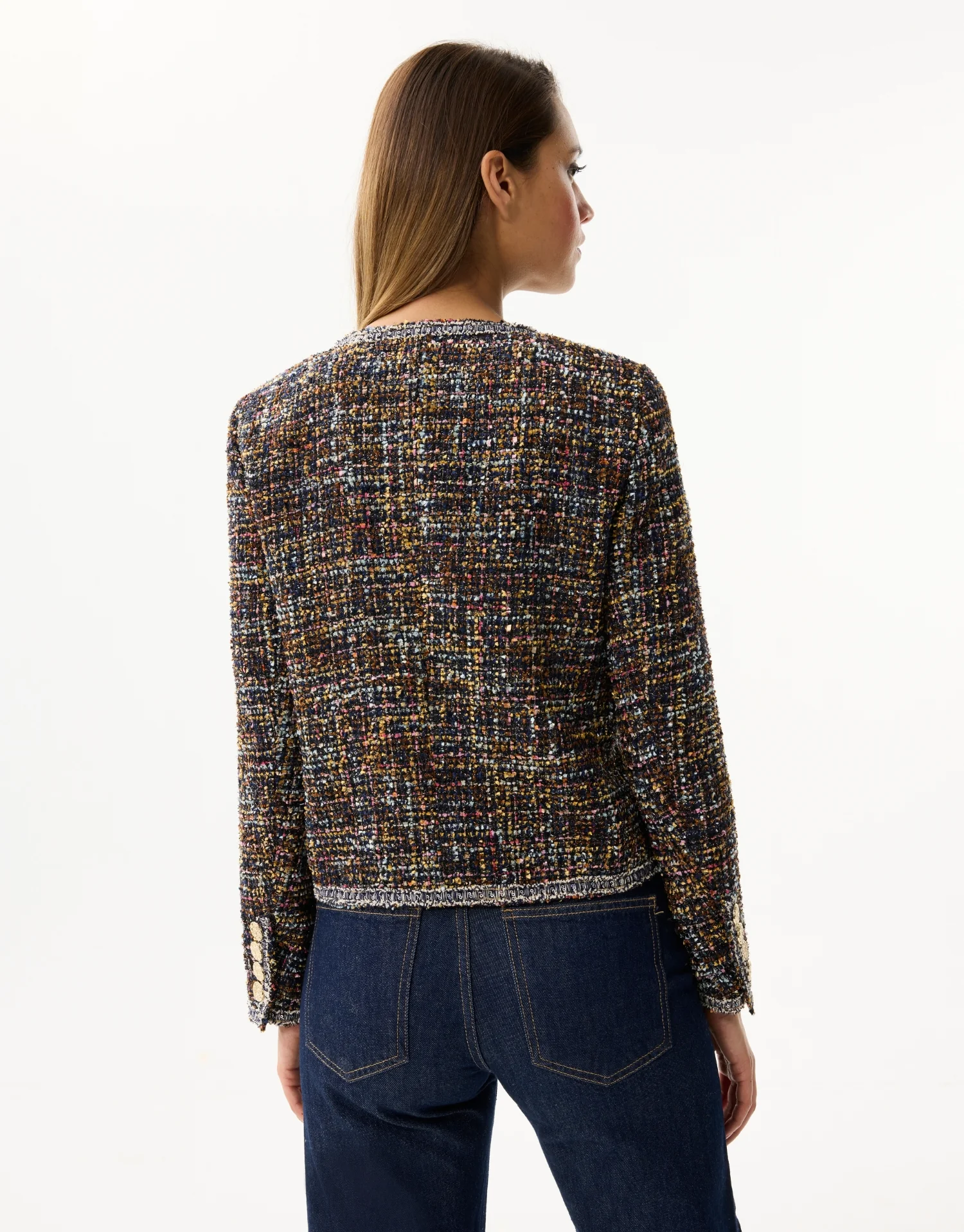 Cardigan effet tweed multicolore à boutons dorés - Image 3