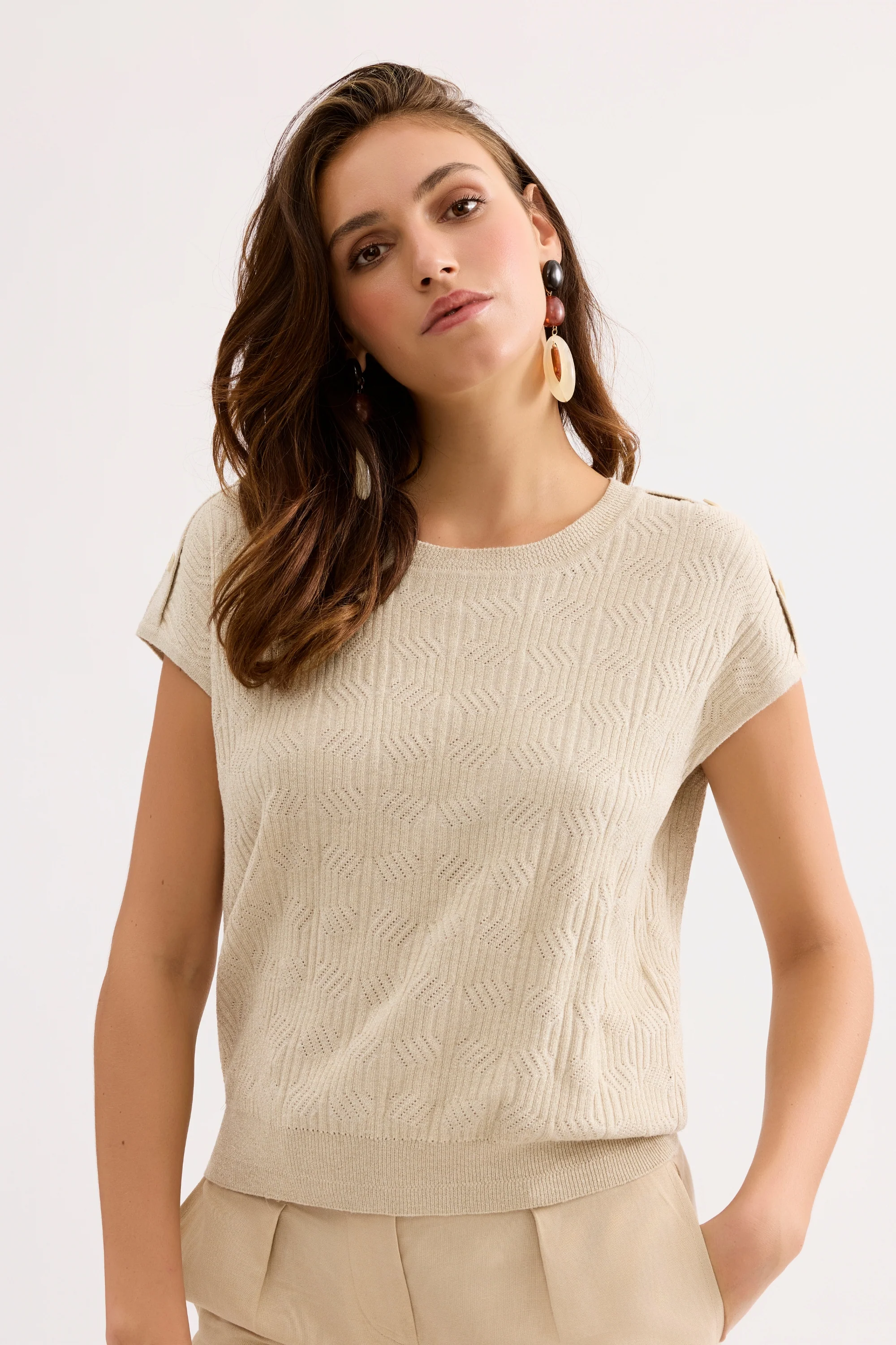 Pull maille beige manches courtes - Image 4