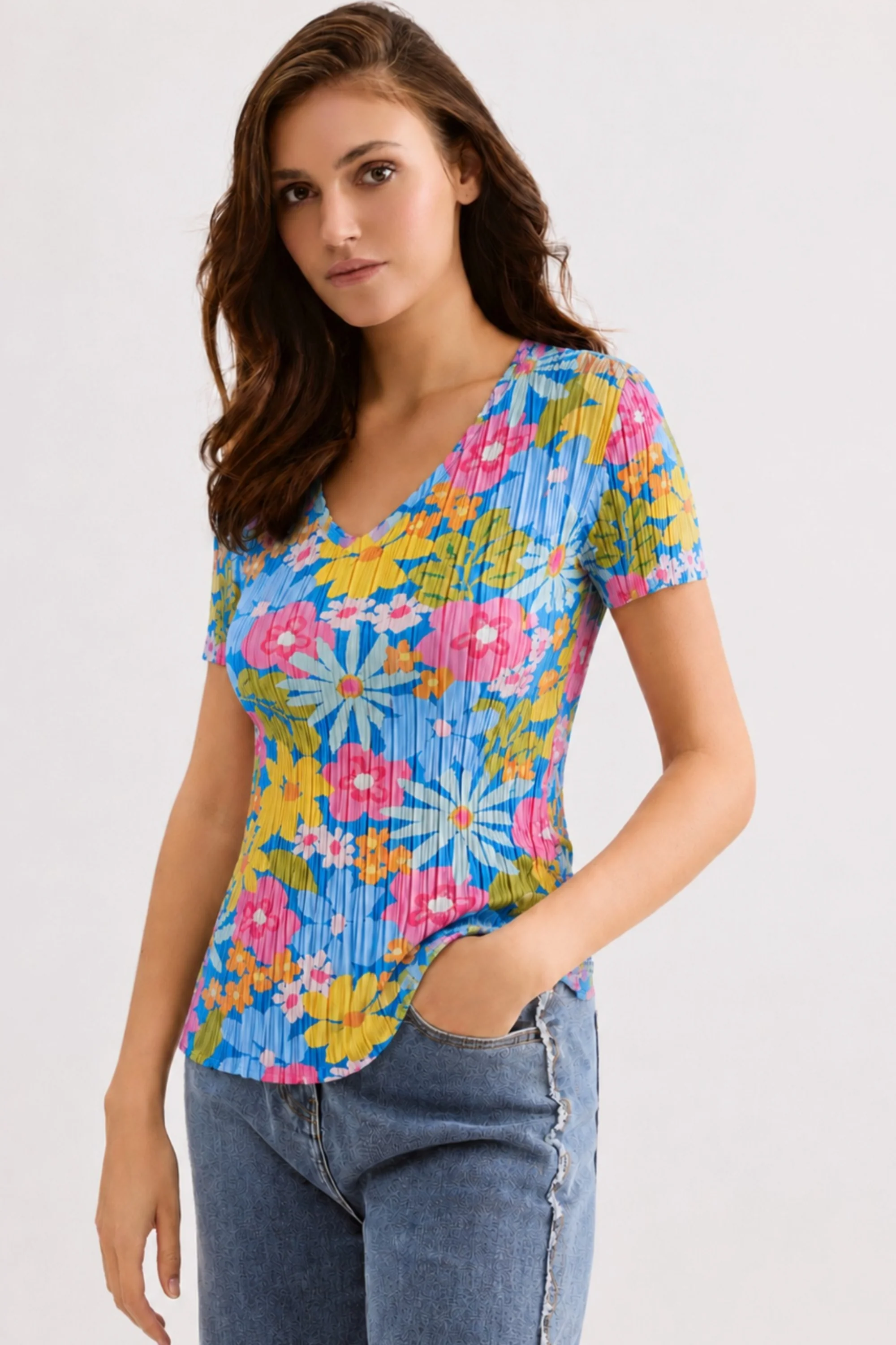 T-shirt plissé imprimé jardin fleuri